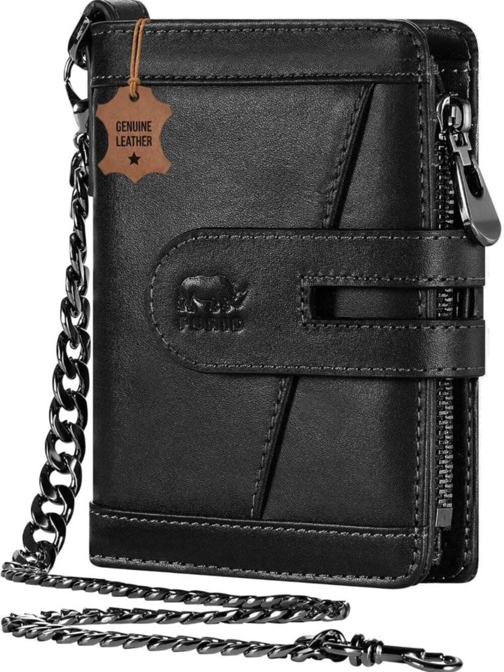Stylish Genuine Leather Men's Bifold Wallet with RFID, Zipper Pocket & Chain
